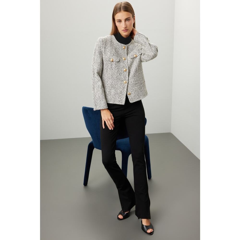 DEREK LAM COLLECTIVE Gray Gold Button Front Zip Up Sleeve Tweed Jacket Size 40